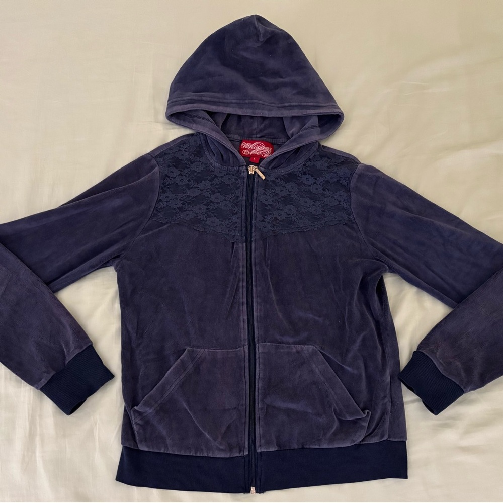 Whisper Me Velvet Navy Blue Hooded Zip-Up Jacket
